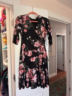 Robbie Bee Black Midi Dress with Pink Floral Print NWT